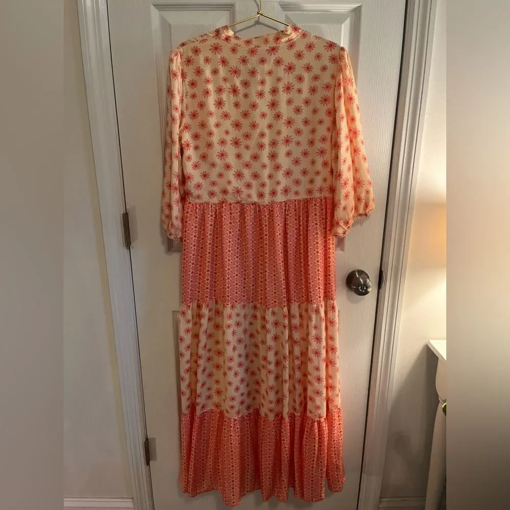 Victoria Dunn Cream & Pink Long Sleeve Dress
